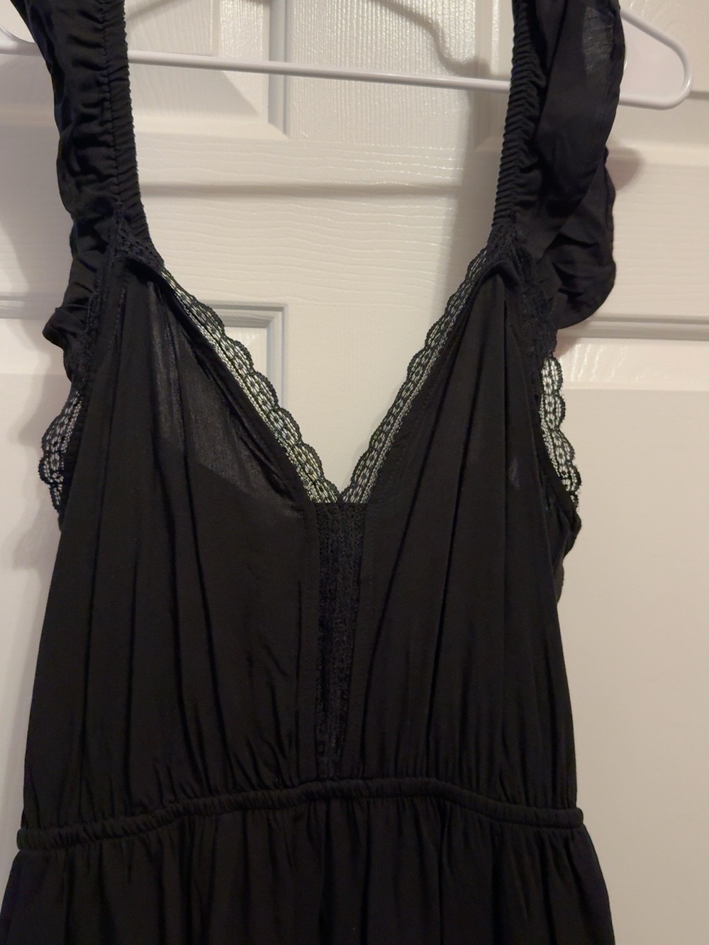 Black Lace V-Neck Midi Dress with Gathered Waist
